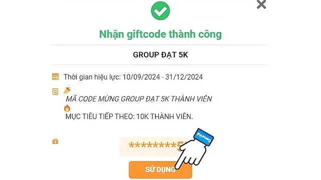 Nhấn sử dụng để đổi quà code thành công