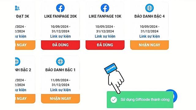 Nhập code còn hạn sẽ hiện thông báo sử dụng giftcode thành công