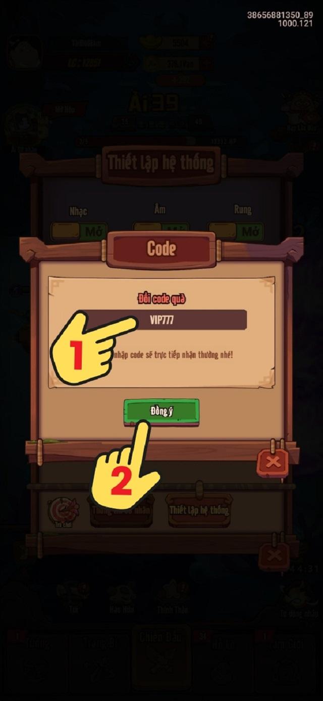 Nhập mã code game chơi vào ô trống rồi nhấn đồng ý để quy đổi phần thưởng